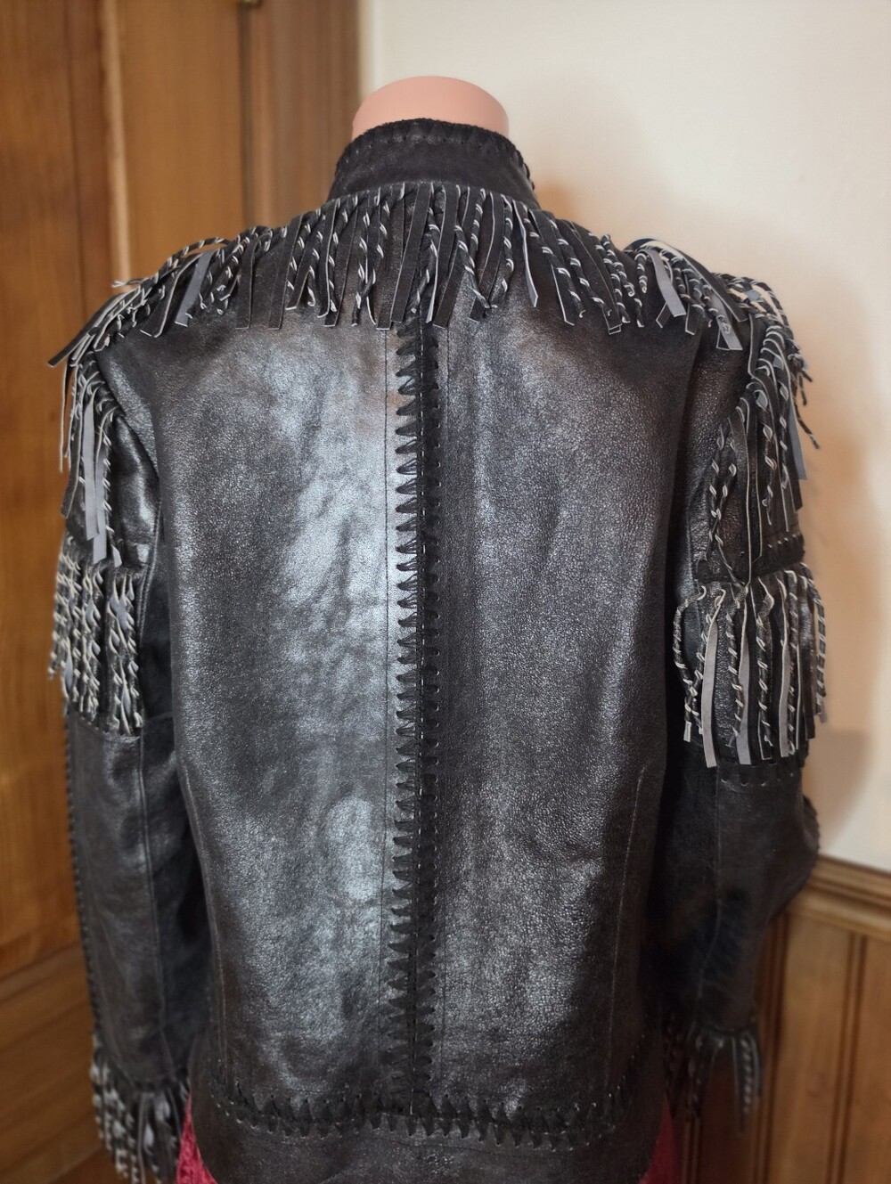 NWOT Vntg Double D Ranch Paint Your Wagon Black Leather Fringe Whipstitch Jacket - Picture 8 of 12